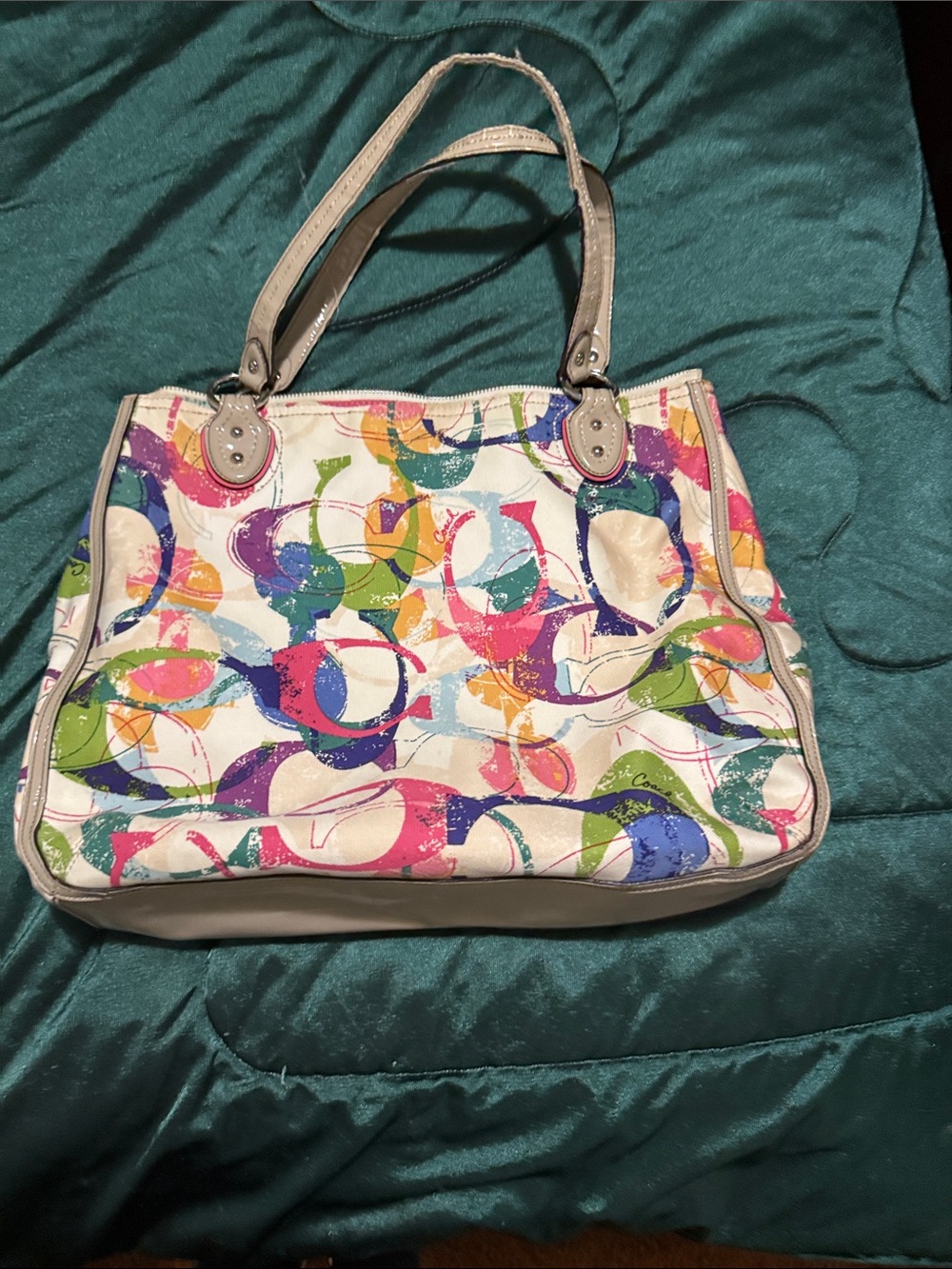 Vintage Coach Multicolor Canvas Tote Bag with Cream Trim